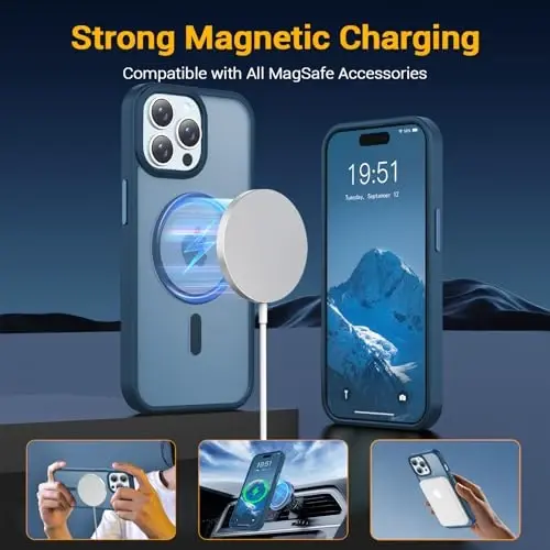 Temdan iPhone 15 Pro Max uchun g‘ilof, Magsafe bilan mos, sarg‘ayishga qarshi, harbiy darajadagi himoya, zarbga chidamli ingichka magnitli telefon g‘ilof qopqog‘i, to‘q ko‘k - 3