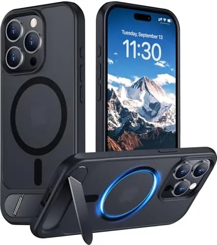 Temdan iPhone 15 Pro Max uchun magnit moslashuvchan gʻilof, [Oʻrnatilgan koʻrinmas tirgak] [MagSafe bilan mos] [Harbiy darajadagi zarbga chidamli] Yupqa yarim shaffof matli telefon gʻilofi iPhone 15 Pro Max 6.7