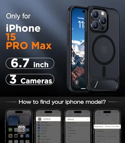 Temdan iPhone 15 Pro Max uchun magnit moslashuvchan gʻilof, [Oʻrnatilgan koʻrinmas tirgak] [MagSafe bilan mos] [Harbiy darajadagi zarbga chidamli] Yupqa yarim shaffof matli telefon gʻilofi iPhone 15 Pro Max 6.7