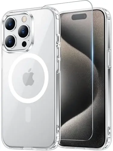 Temdan iPhone 15 Pro uchun g‘ilof, ekran himoyachisi bilan, Magsafe bilan mos, sarg‘ayishga qarshi, harbiy darajadagi himoya, zarbaga chidamli ingichka magnitli telefon g‘ilofi, shaffof 