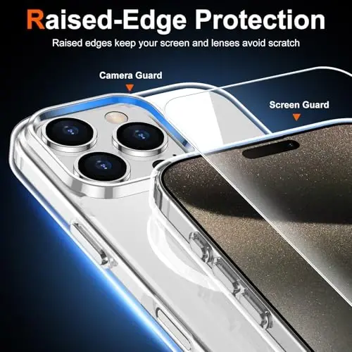 Temdan iPhone 15 Pro uchun g‘ilof, ekran himoyachisi bilan, Magsafe bilan mos, sarg‘ayishga qarshi, harbiy darajadagi himoya, zarbaga chidamli ingichka magnitli telefon g‘ilofi, shaffof - 4