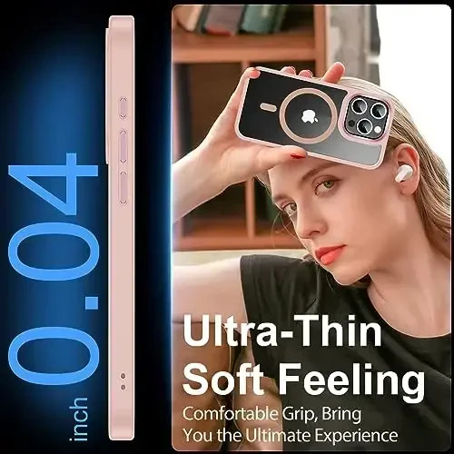 Temdan iPhone 15 Pro uchun g‘ilof, ekran himoyachisi bilan, Magsafe bilan mos, sarg‘ayishga qarshi, harbiy darajadagi himoya, zarbaga chidamli ingichka magnitli telefon g‘ilofi, tiniq pushti - 7