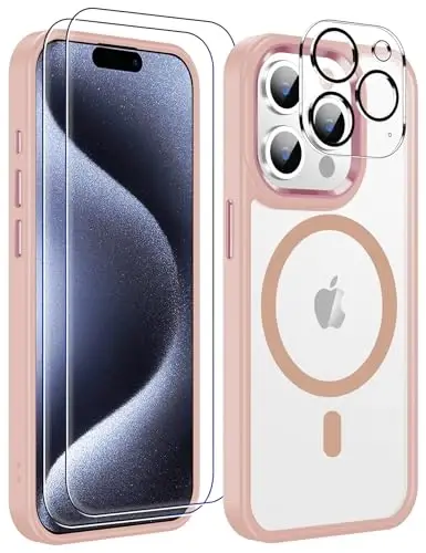 Temdan iPhone 15 Pro uchun g‘ilof, ekran himoyachisi bilan, Magsafe bilan mos, sarg‘ayishga qarshi, harbiy darajadagi himoya, zarbaga chidamli ingichka magnitli telefon g‘ilofi, tiniq pushti 