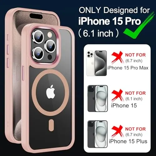 Temdan iPhone 15 Pro uchun g‘ilof, ekran himoyachisi bilan, Magsafe bilan mos, sarg‘ayishga qarshi, harbiy darajadagi himoya, zarbaga chidamli ingichka magnitli telefon g‘ilofi, tiniq pushti - 2