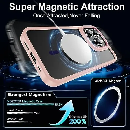Temdan iPhone 15 Pro uchun g‘ilof, ekran himoyachisi bilan, Magsafe bilan mos, sarg‘ayishga qarshi, harbiy darajadagi himoya, zarbaga chidamli ingichka magnitli telefon g‘ilofi, tiniq pushti - 3