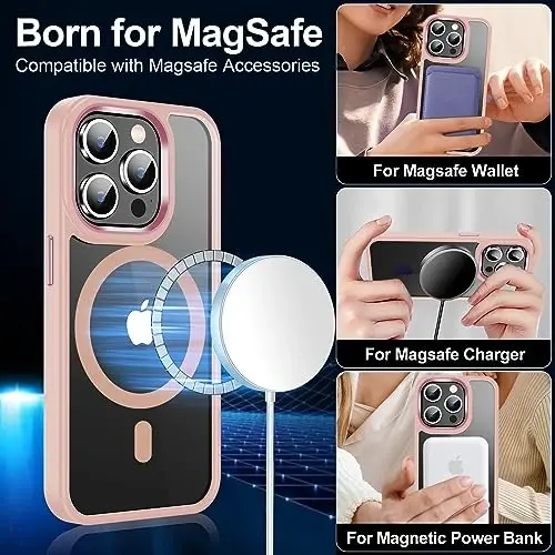 Temdan iPhone 15 Pro uchun g‘ilof, ekran himoyachisi bilan, Magsafe bilan mos, sarg‘ayishga qarshi, harbiy darajadagi himoya, zarbaga chidamli ingichka magnitli telefon g‘ilofi, tiniq pushti - 4