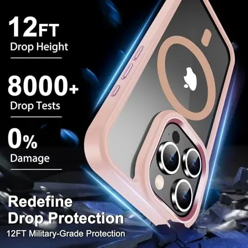 Temdan iPhone 15 Pro uchun g‘ilof, ekran himoyachisi bilan, Magsafe bilan mos, sarg‘ayishga qarshi, harbiy darajadagi himoya, zarbaga chidamli ingichka magnitli telefon g‘ilofi, tiniq pushti - 5
