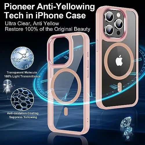 Temdan iPhone 15 Pro uchun g‘ilof, ekran himoyachisi bilan, Magsafe bilan mos, sarg‘ayishga qarshi, harbiy darajadagi himoya, zarbaga chidamli ingichka magnitli telefon g‘ilofi, tiniq pushti - 6