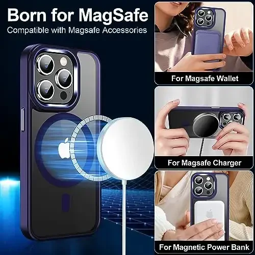 Temdan iPhone 15 Pro uchun G'ilof, ekran himoyachisi bilan, Magsafe bilan mos, sarg'ayishga qarshi, harbiy darajadagi himoya, zarbga chidamli ingichka magnit telefon g'ilofi, shaffof - 4