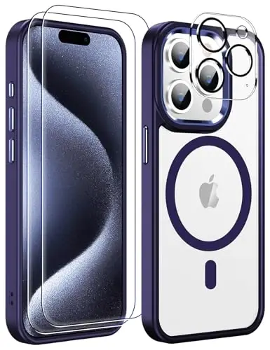Temdan iPhone 15 Pro uchun G'ilof, ekran himoyachisi bilan, Magsafe bilan mos, sarg'ayishga qarshi, harbiy darajadagi himoya, zarbga chidamli ingichka magnit telefon g'ilofi, shaffof 
