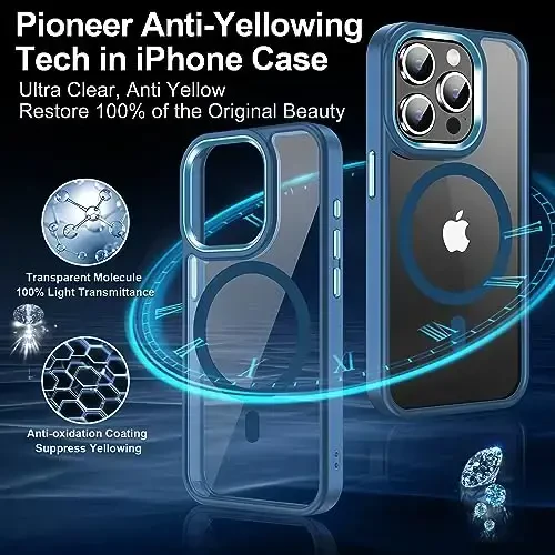 Temdan iPhone 15 Pro uchun g'ilof ekran himoyachisi bilan, Magsafe bilan mos, sarg'ayishga qarshi, harbiy darajadagi himoya, zarbga chidamli ingichka magnit telefon g'ilofi, tiniq ko'k - 6