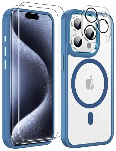 Temdan iPhone 15 Pro uchun g'ilof ekran himoyachisi bilan, Magsafe bilan mos, sarg'ayishga qarshi, harbiy darajadagi himoya, zarbga chidamli ingichka magnit telefon g'ilofi, tiniq ko'k 