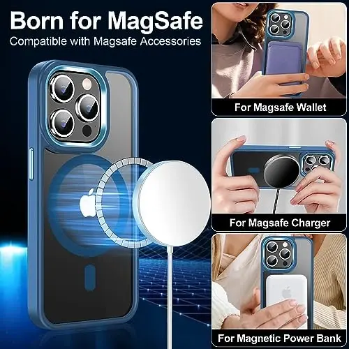 Temdan iPhone 15 Pro uchun g'ilof ekran himoyachisi bilan, Magsafe bilan mos, sarg'ayishga qarshi, harbiy darajadagi himoya, zarbga chidamli ingichka magnit telefon g'ilofi, tiniq ko'k - 4