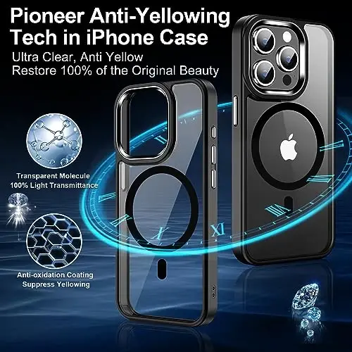 Temdan iPhone 15 Pro uchun g‘ilof, Magsafe bilan mos, sarg‘ayishga qarshi, harbiy darajadagi himoya, zarbaga chidamli ingichka magnitli telefon g‘ilofi, tiniq qora - 6