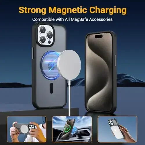 Temdan iPhone 15 Pro uchun g'ilof, Magsafe bilan mos, sarg'ayishga qarshi, harbiy darajadagi himoya, zarbga chidamli ingichka magnit telefon g'ilofi, qora - 3