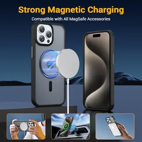 Temdan iPhone 15 Pro uchun g'ilof, Magsafe bilan mos, sarg'ayishga qarshi, harbiy darajadagi himoya, zarbga chidamli ingichka magnit telefon g'ilofi, qora - 3