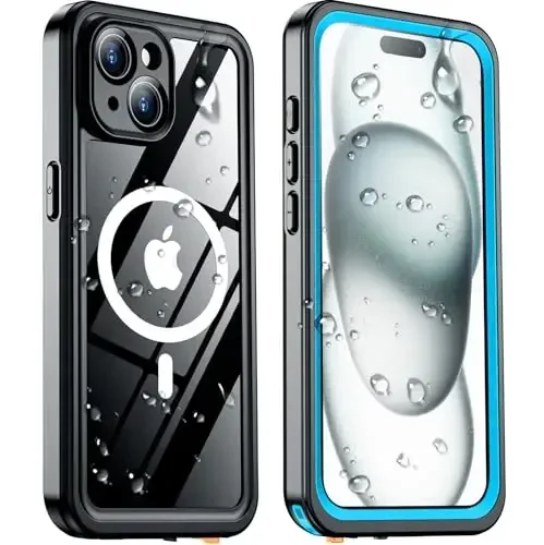 Temdan iPhone 15 uchun magnitli suv o'tkazmaydigan g'ilof, [o'rnatilgan ekran himoyachisi] [IP68 suv osti] [15FT harbiy tomchilatmaydigan] [chang o'tkazmaydigan] [Real 360] to'liq korpusli zarbaga chidamli himoya telefon g'ilofi 6.1'' - ko'k/shaffof. - 2