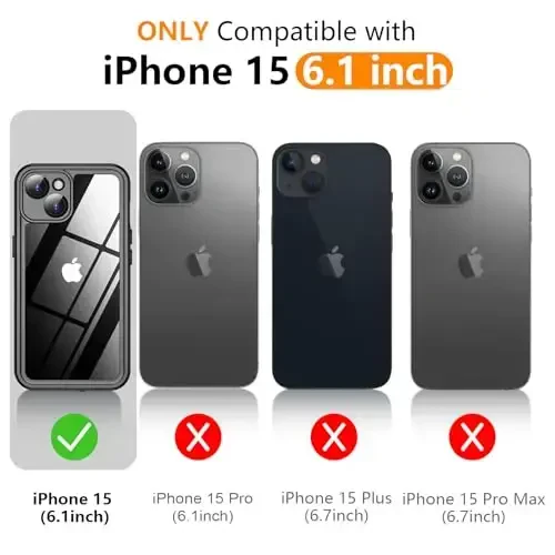 Temdan iPhone 15 uchun magnitli suv o'tkazmaydigan g'ilof, [o'rnatilgan ekran himoyachisi] [IP68 suv osti] [15FT harbiy tomchilatmaydigan] [chang o'tkazmaydigan] [Real 360] to'liq korpusli zarbaga chidamli himoya telefon g'ilofi 6.1'' - ko'k/shaffof. - 3