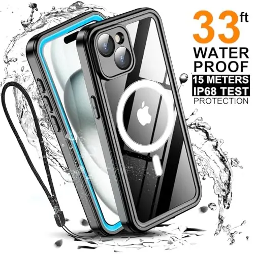 Temdan iPhone 15 uchun magnitli suv o'tkazmaydigan g'ilof, [o'rnatilgan ekran himoyachisi] [IP68 suv osti] [15FT harbiy tomchilatmaydigan] [chang o'tkazmaydigan] [Real 360] to'liq korpusli zarbaga chidamli himoya telefon g'ilofi 6.1'' - ko'k/shaffof. - 5