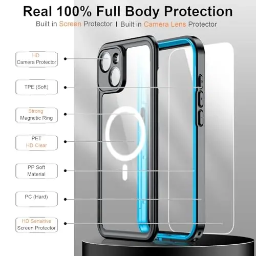 Temdan iPhone 15 uchun magnitli suv o'tkazmaydigan g'ilof, [o'rnatilgan ekran himoyachisi] [IP68 suv osti] [15FT harbiy tomchilatmaydigan] [chang o'tkazmaydigan] [Real 360] to'liq korpusli zarbaga chidamli himoya telefon g'ilofi 6.1'' - ko'k/shaffof. - 6
