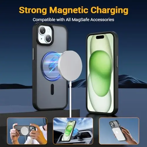 Temdan iPhone 15 va iPhone 14 va iPhone 13 uchun g'ilof Magsafe bilan mos, sarg'ayishga qarshi, harbiy darajadagi himoya, zarbga chidamli ingichka magnit telefon g'ilofi, qora - 2