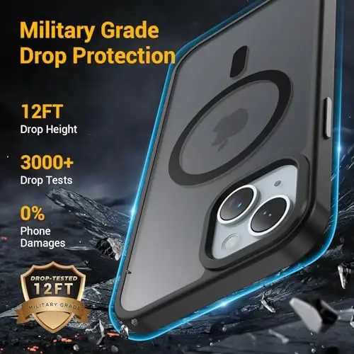 Temdan iPhone 15 va iPhone 14 va iPhone 13 uchun g'ilof Magsafe bilan mos, sarg'ayishga qarshi, harbiy darajadagi himoya, zarbga chidamli ingichka magnit telefon g'ilofi, qora - 5