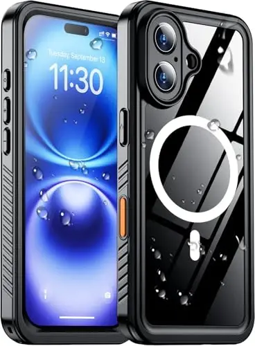 Temdan iPhone 16 bilan mos keladigan suv o'tkazmaydigan g'ilof, MagSafe bilan mos, o'rnatilgan ekran va kamera himoyachisi IP68 suv ostida to'liq korpus 16FT harbiy tomchiga chidamli zarbga chidamli telefon g'ilofi 6.1