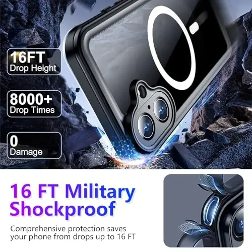 Temdan iPhone 16 bilan mos keladigan suv o'tkazmaydigan g'ilof, MagSafe bilan mos, o'rnatilgan ekran va kamera himoyachisi IP68 suv ostida to'liq korpus 16FT harbiy tomchiga chidamli zarbga chidamli telefon g'ilofi 6.1