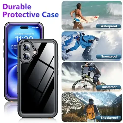 Temdan iPhone 16 Case Waterproof bilan mos, O'rnatilgan ekran va kamera himoyachisi IP68 suv osti to'liq korpus 16FT harbiy zarba o'tkazmaydigan zarba o'tkazmaydigan telefon qutisi 6.1