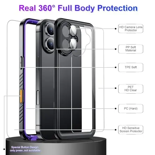 Temdan iPhone 16 Case Waterproof bilan mos, O'rnatilgan ekran va kamera himoyachisi IP68 suv osti to'liq korpus 16FT harbiy zarba o'tkazmaydigan zarba o'tkazmaydigan telefon qutisi 6.1