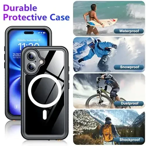 Temdan Compatible with iPhone 16 Case Waterproof, Compatible with MagSafe Built-in Screen & Camera Protector IP68 Underwater Full Body 16FT Military Dropproof Shockproof Phone Case 6.1
