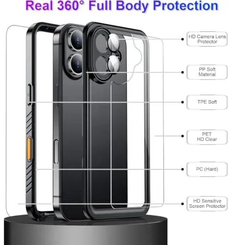 Temdan iPhone 16 Kılıfı Su Geçirmez, Dahili Ekran ve Kamera Koruyucu IP68 Sualtı Tam Gövde 4,87 m Askeri Darbeye Dayanıklı Darbeye Dayanıklı Telefon Kılıfı 6,1 inç - Siyah/Şeffaf 