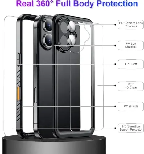 Temdan iPhone 16 Kılıfı Su Geçirmez, Dahili Ekran ve Kamera Koruyucu IP68 Sualtı Tam Gövde 4,87 m Askeri Darbeye Dayanıklı Darbeye Dayanıklı Telefon Kılıfı 6,1 inç - Siyah/Şeffaf - 1