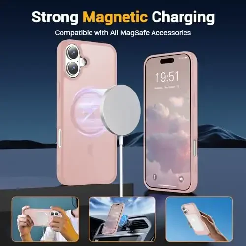 Temdan iPhone 16 Plus uchun g'ilof, Magsafe bilan mos, sarg'ayishga qarshi, harbiy darajadagi himoya, zarbaga chidamli ingichka magnitli telefon g'ilof qopqog'i, och pushti - 3