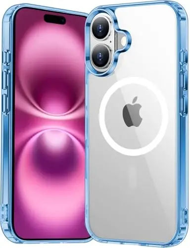 Temdan iPhone 16 Plus uchun g‘ilof, Magsafe bilan mos, sarg‘ayishga qarshi, harbiy darajadagi himoya, zarbaga chidamli ingichka magnitli telefon g‘ilofi, tiniq ko‘k 