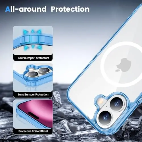 Temdan iPhone 16 Plus uchun g‘ilof, Magsafe bilan mos, sarg‘ayishga qarshi, harbiy darajadagi himoya, zarbaga chidamli ingichka magnitli telefon g‘ilofi, tiniq ko‘k - 4