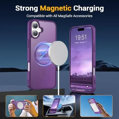 Temdan iPhone 16 Plus uchun g'ilof, Magsafe bilan mos, sarg'ayishga qarshi, harbiy darajadagi himoya, zarbga chidamli ingichka magnitli telefon g'ilofi, to'q binafsha - 3