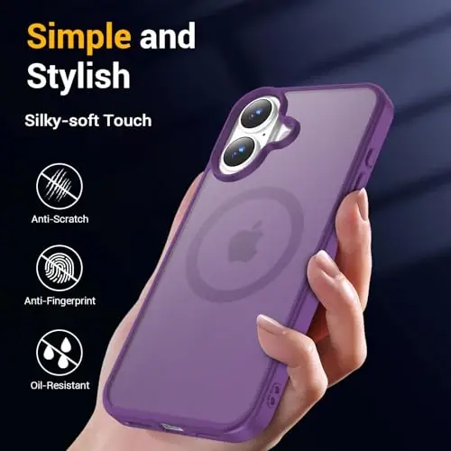 Temdan iPhone 16 Plus uchun g'ilof, Magsafe bilan mos, sarg'ayishga qarshi, harbiy darajadagi himoya, zarbga chidamli ingichka magnitli telefon g'ilofi, to'q binafsha - 6