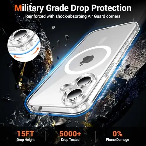 Temdan iPhone 16 Plus uchun g'ilof shaffof, Magsafe bilan mos, sarg'ayishga qarshi, harbiy darajadagi himoya, zarbaga chidamli ingichka magnit telefon g'ilofi, shaffof - 5