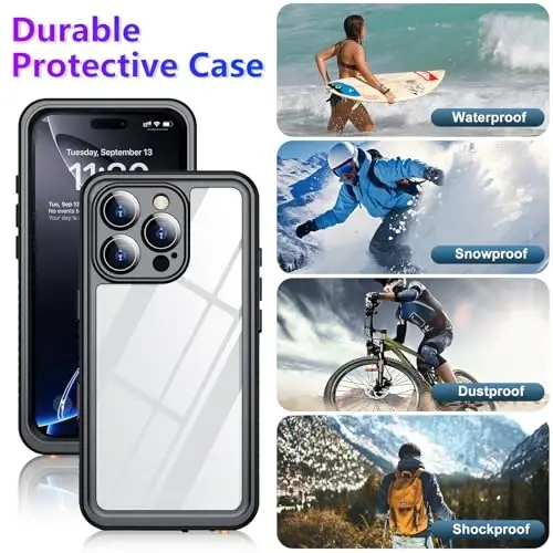 Temdan iPhone 16 Pro bilan mos keladigan suv o'tkazmaydigan g'ilof, o'rnatilgan ekran va kamera himoyachisi IP68 suv osti to'liq korpus 16FT harbiy tomchiga chidamli zarbga chidamli telefon g'ilofi 6,3