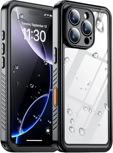 Temdan iPhone 16 Pro bilan mos keladigan suv o'tkazmaydigan g'ilof, o'rnatilgan ekran va kamera himoyachisi IP68 suv osti to'liq korpus 16FT harbiy tomchiga chidamli zarbga chidamli telefon g'ilofi 6,3