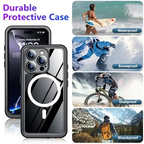 Temdan iPhone 16 Pro Case Waterproof bilan mos, MagSafe bilan mos keladi O'rnatilgan ekran va kamera himoyachisi IP68 suv osti to'liq korpus 16FT harbiy tomchiga chidamli zarbaga chidamli telefon qutisi 6.3