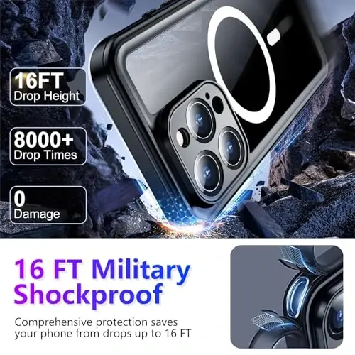 Temdan iPhone 16 Pro Case Waterproof bilan mos, MagSafe bilan mos keladi O'rnatilgan ekran va kamera himoyachisi IP68 suv osti to'liq korpus 16FT harbiy tomchiga chidamli zarbaga chidamli telefon qutisi 6.3
