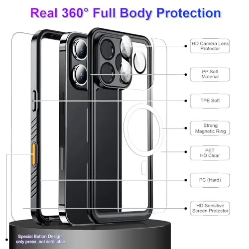 Temdan iPhone 16 Pro Case Waterproof bilan mos, MagSafe bilan mos keladi O'rnatilgan ekran va kamera himoyachisi IP68 suv osti to'liq korpus 16FT harbiy tomchiga chidamli zarbaga chidamli telefon qutisi 6.3