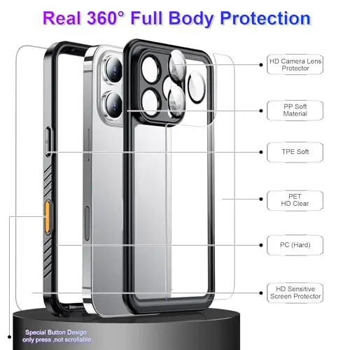 Temdan Compatible with iPhone 16 Pro Case Waterproof, Built-in Screen & Camera Protector IP68 Underwater Full Body 16FT Military Dropproof Shockproof Phone Case 6.3