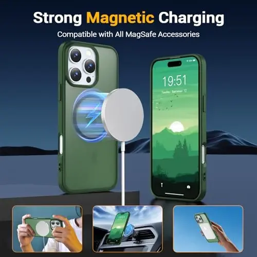 Temdan iPhone 16 Pro Max uchun g‘ilof, Magsafe bilan mos, sarg‘ayishga qarshi, harbiy darajadagi himoya, zarbaga chidamli ingichka magnitli telefon g‘ilofi, to‘q yashil - 3