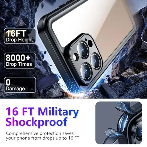 Temdan iPhone 16 Pro Max uchun mos keladigan suv o'tkazmaydigan g'ilof, o'rnatilgan ekran va kamera himoyachisi IP68 suv ostida to'liq korpus 16FT harbiy tomchiga chidamli zarbga chidamli telefon g'ilofi 6,9