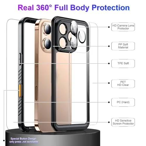 Temdan iPhone 16 Pro Max uchun mos keladigan suv o'tkazmaydigan g'ilof, o'rnatilgan ekran va kamera himoyachisi IP68 suv ostida to'liq korpus 16FT harbiy tomchiga chidamli zarbga chidamli telefon g'ilofi 6,9