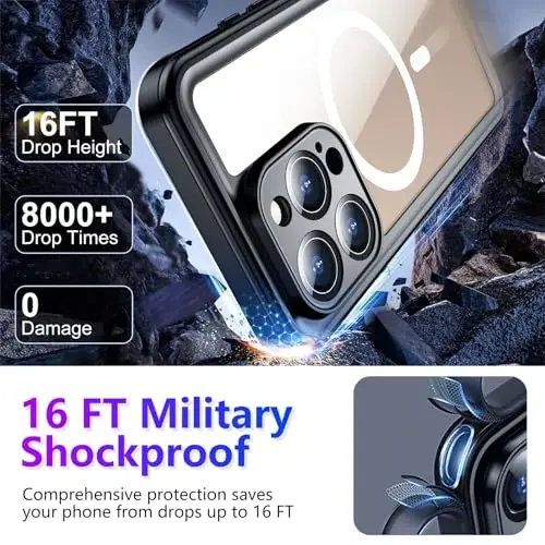 Temdan iPhone 16 Pro Max uchun suv o'tkazmaydigan g'ilof, MagSafe bilan mos, o'rnatilgan ekran va kamera himoyachisi IP68 suv ostida to'liq korpus 16FT harbiy tomchiga chidamli zarbga chidamli telefon g'ilofi 6.9