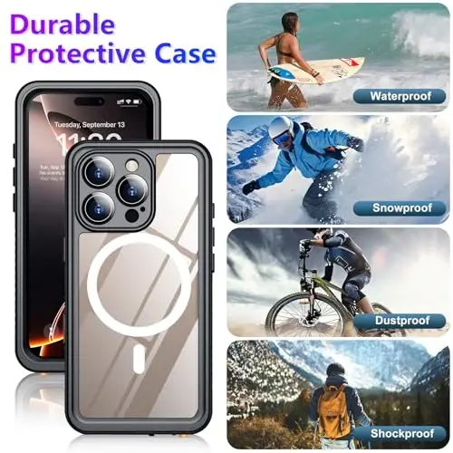 Temdan iPhone 16 Pro Max uchun suv o'tkazmaydigan g'ilof, MagSafe bilan mos, o'rnatilgan ekran va kamera himoyachisi IP68 suv ostida to'liq korpus 16FT harbiy tomchiga chidamli zarbga chidamli telefon g'ilofi 6.9